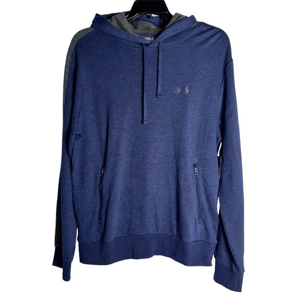 Polo Ralph Lauren Navy Heather Hoodie with‎ Grey Stripe Sleeve Men's Size Medium - Picture 1 of 7